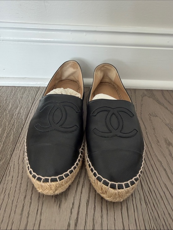 CHANEL Shoes - Chanel Black Leather Espadrille Slip-Ons with Logo Detail